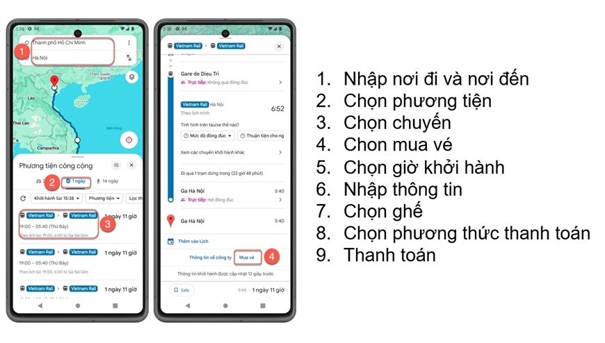 Các bước mua vé tàu đường sắt qua bản đồ trực tuyến. Ảnh: VNR 