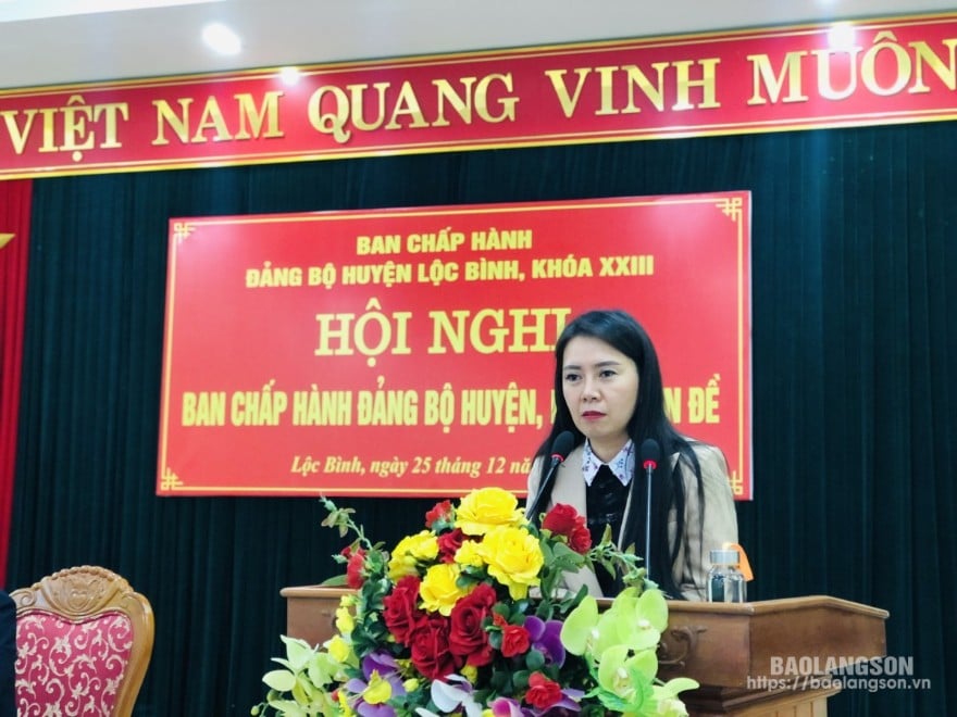 Đồng chí Đoàn Thu Hà, Ủy viên Ban Thường vụ Tỉnh ủy, Bí thư Huyện ủy phát biểu kết luận Hội nghị