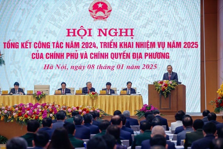 Tổng Bí thư Tô Lâm đánh giá, các đột phá chiến lược được triển khai quyết liệt, với tinh thần đổi mới sáng tạo và sự quyết tâm cao độ, đạt được những kết quả tích cực trên nhiều lĩnh vực - Ảnh: VGP/Nhật Bắc