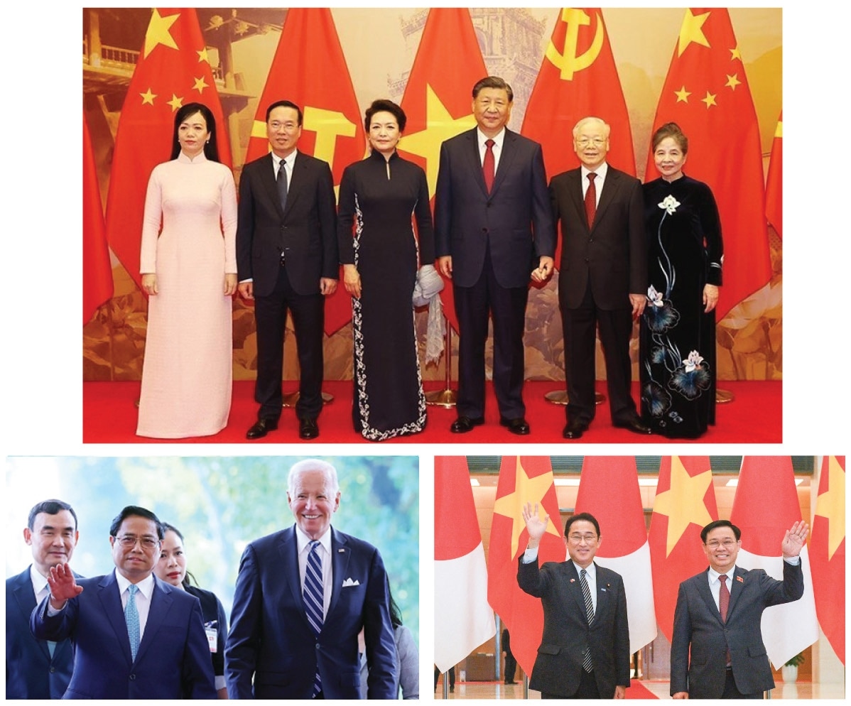 Trong năm 2023, Việt Nam đã tổ chức đón, tiếp thành công chuyến thăm chính thức của nhiều nguyên thủ các nước, trong đó có Tổng Bí thư, Chủ tịch Trung Quốc Tập Cận Bình (tháng 12), Tổng thống Hoa Kỳ Joe Biden (tháng 9) và Thủ tướng Nhật Bản Kishida Fumio (tháng 5).