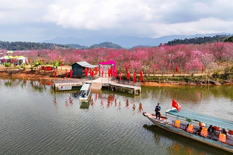 Bến tàu vào đảo hoa được trang hoàng rực rỡ, chào đón du khách đến đảo bằng đường thủy.