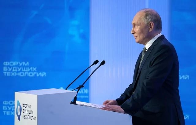 Tổng thống Nga Vladimir Putin phát biểu tại Diễn đàn Công nghệ Tương lai ở Moscow, Nga ngày 14/2/2024.