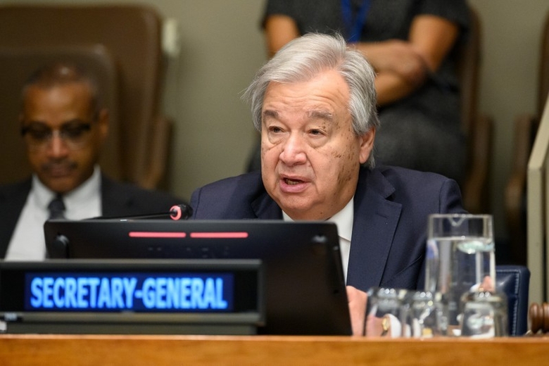 Tổng Thư ký Liên hợp quốc Antonio Guterres phát biểu tại phiên họp cấp cao của Đại hội đồng Liên hợp quốc nhân Ngày Quốc tế Xóa bỏ hoàn toàn vũ khí hạt nhân, ở New York (Mỹ), ngày 26/9/2023.