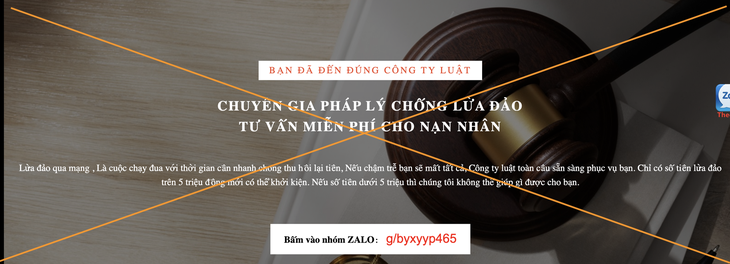 Giao diện website công ty luật bị mạo danh để lừa đảo.