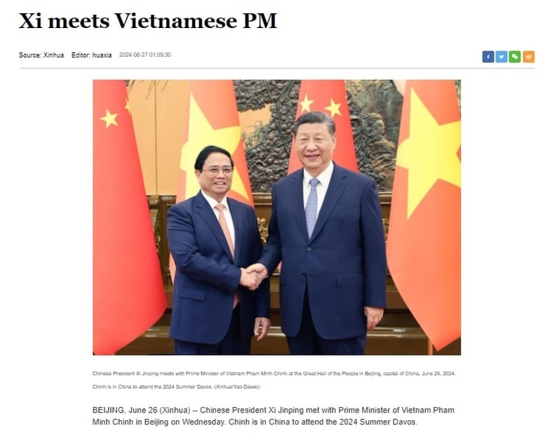 Trong khuôn khổ chuyến công tác, ngày 26/6 tại Bắc Kinh, Thủ tướng Chính phủ Phạm Minh Chính đã hội kiến Tổng Bí thư, Chủ tịch Trung Quốc Tập Cận Bình.
