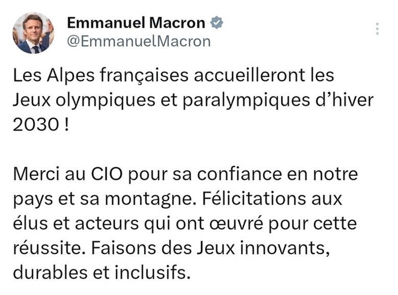 Dòng chia sẻ trên mạng xã hội X của Tổng thống Emmanuel Macron trước quyết định của Ủy ban Olympic quốc tế.