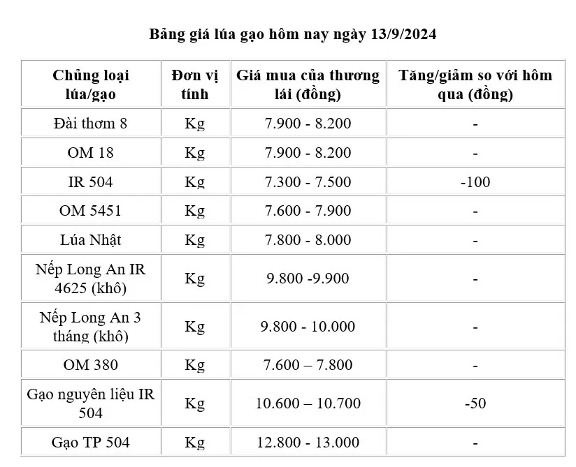 Giá lúa gạo hôm nay 13/9/2024: