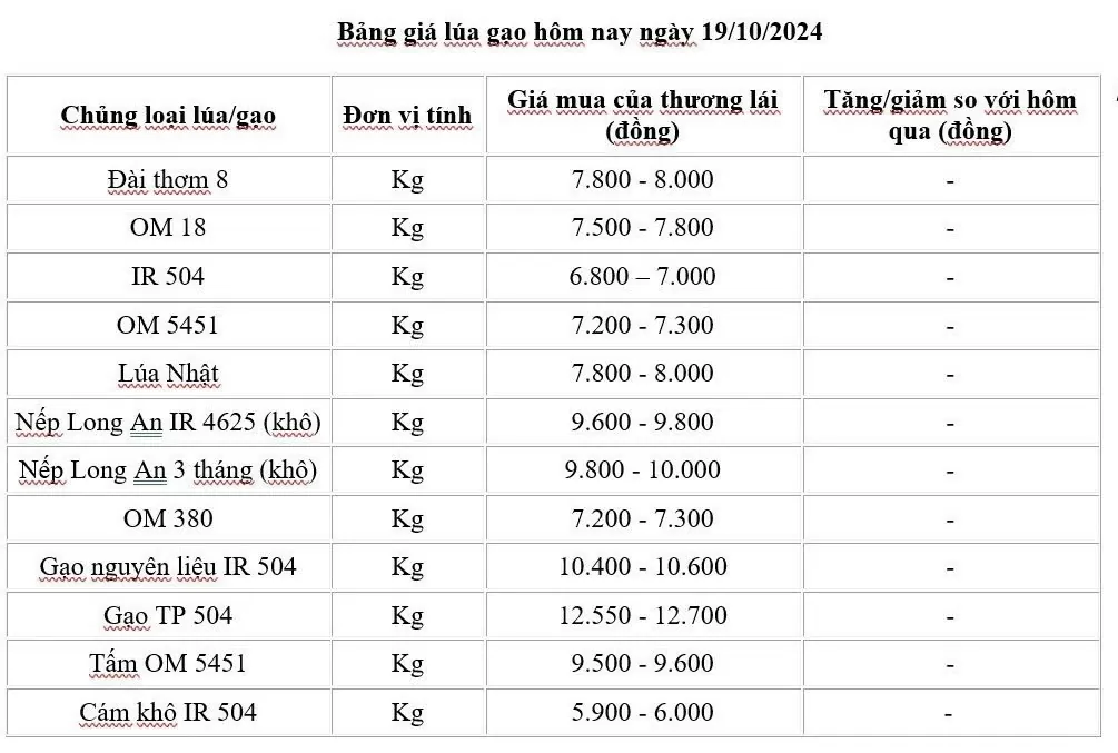 Giá lúa gạo hôm nay 19/10/2024: Giá lúa gạo trầm lắng đi ngang trong phiên cuối tuần