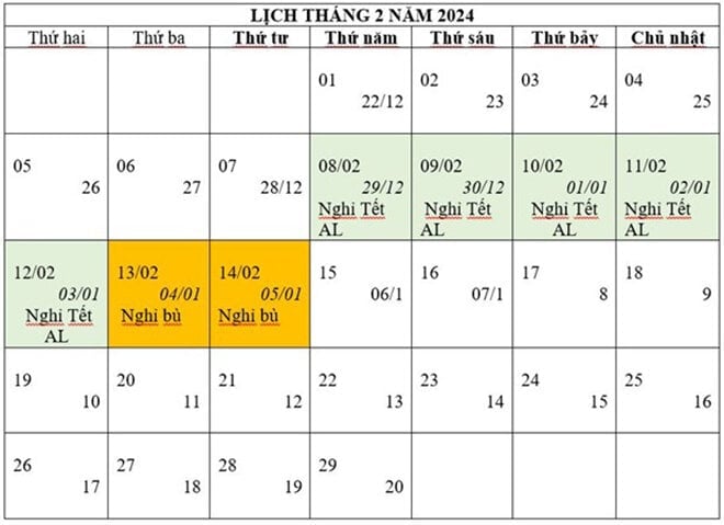 Lịch nghỉ Tết Nguyên đán Giáp Thìn 2024