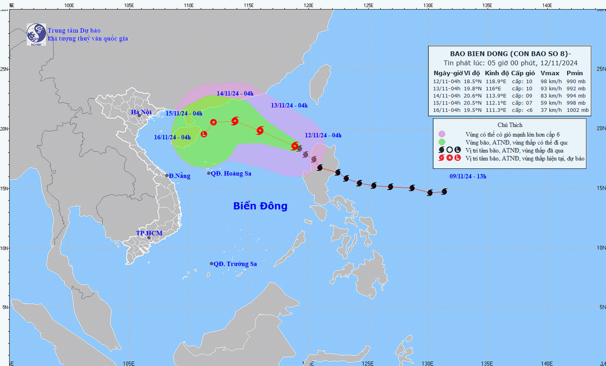 Bão số 8 di chuyển theo hướng Tây Bắc, gió giật cấp 12