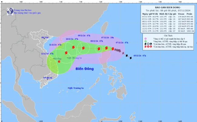 Sáng 8/11, bão Yinxing sẽ vào Biển Đông với cường độ cấp 14, giật cấp 16