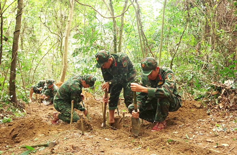 Chiến sĩ Tiểu đoàn bộ binh 42 đào đắp, tu sửa hầm hào phục vụ nhiệm vụ huấn luyện.