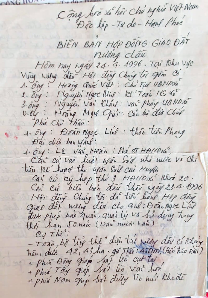 Biên bản hợp đồng giao đất Nương Dầu giữa UBND xã Quảng Tiên và ông Đoàn Ngọc Lĩnh, năm 1996.