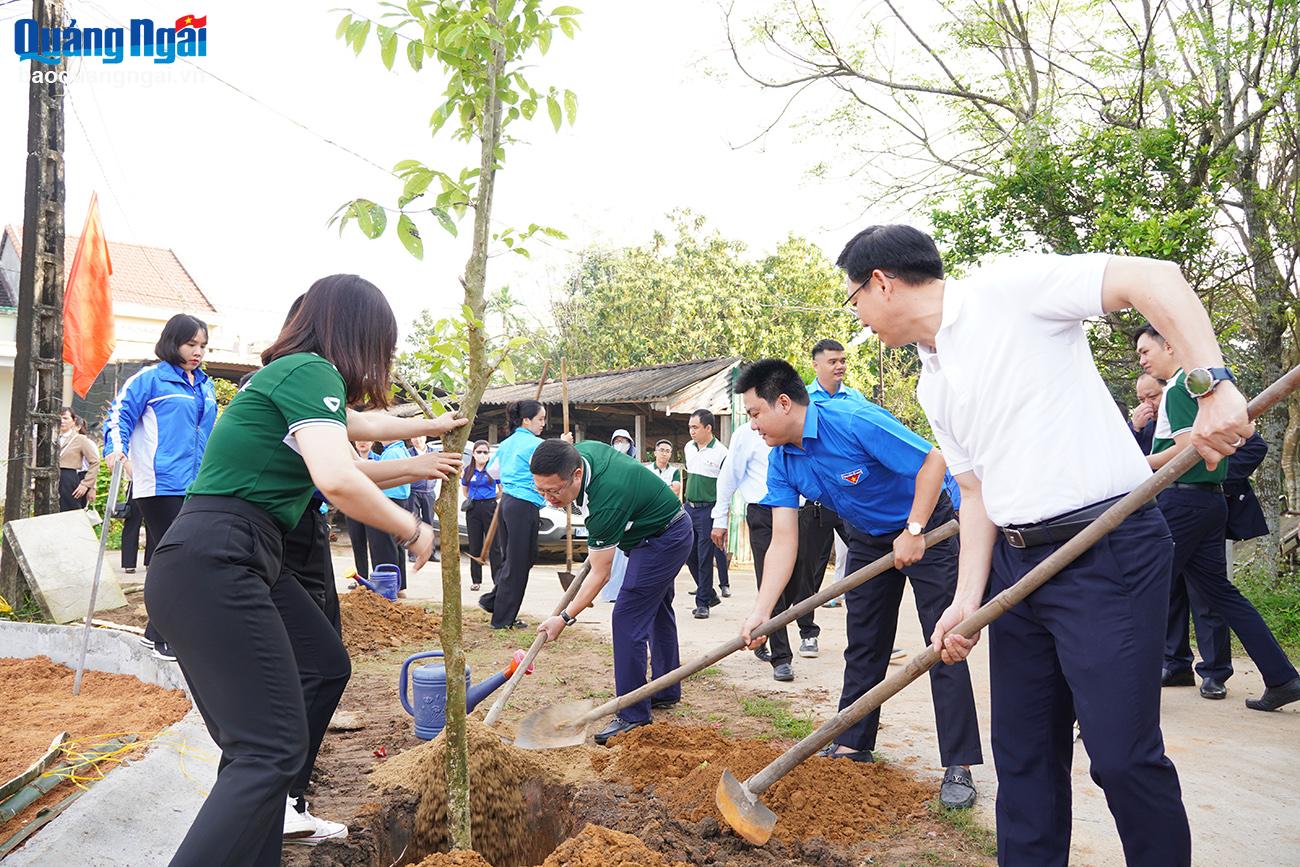 Đại diện Tỉnh đoàn và Vietcombank chi nhánh Quảng Ngãi, Vietcombank chi nhánh Dung Quất trồng cây bằng lăng tím tại Nhà văn hóa thôn Độc Lập.