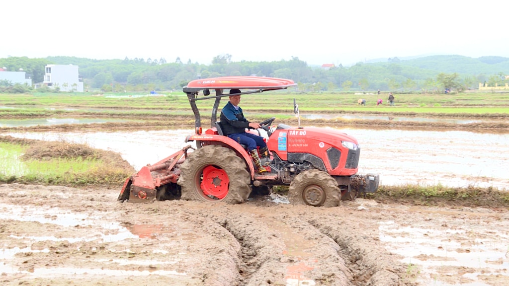 Lãnh đạo UBND huyện Hải Hà xuống đồng làm đất tại cánh đồng thôn 4, xã Đường Hoa trong Lễ xuống đồng năm 2024.