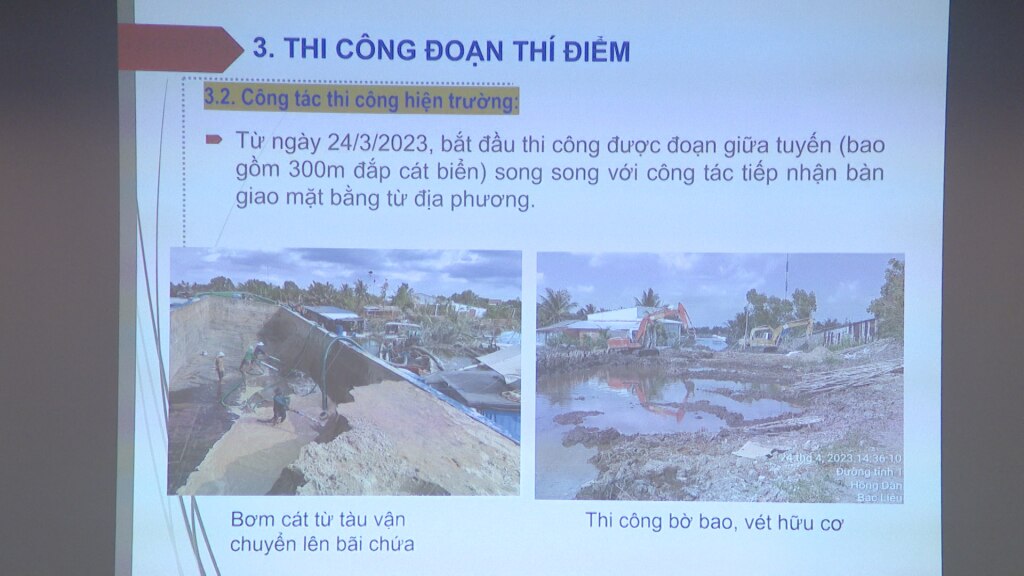 Hình ảnh quá trình triển khai dự án thí điểm sử dụng cát biển làm nền đường trình chiếu tại hội nghị