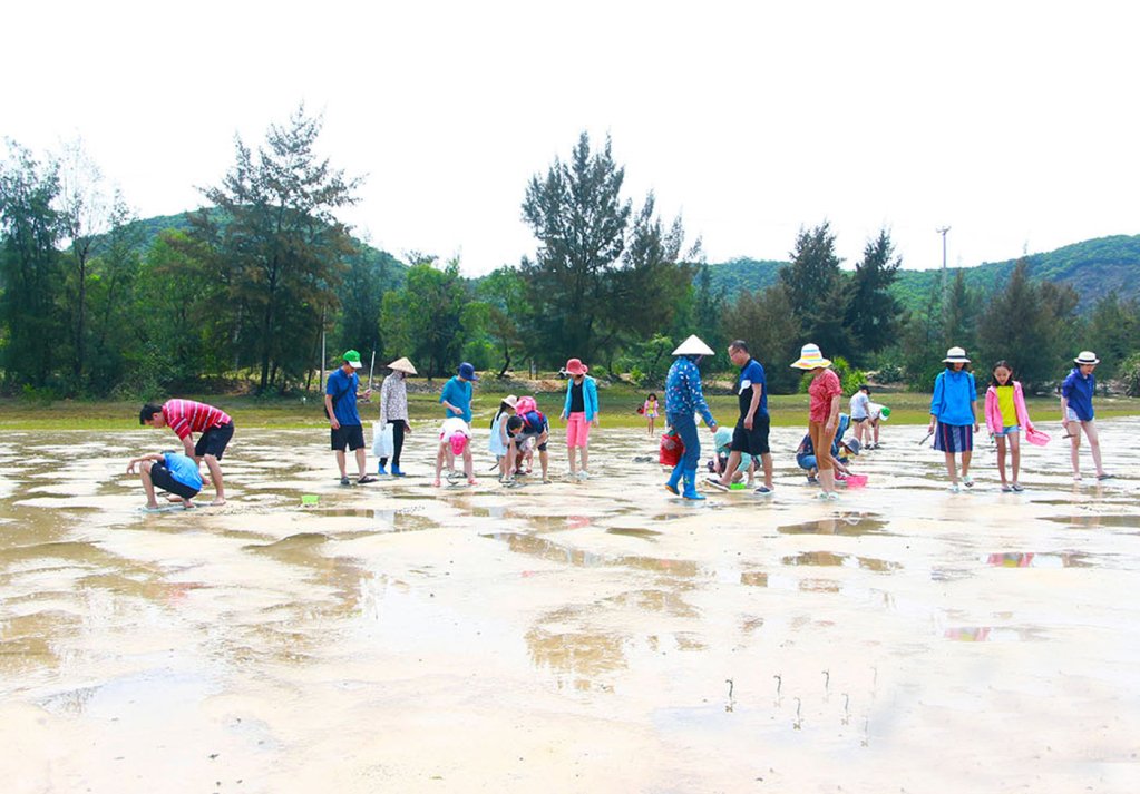 Du khách trải nghiệm làm ngư dân trên bãi biển Quan Lạn. Ảnh: Tạ Quân