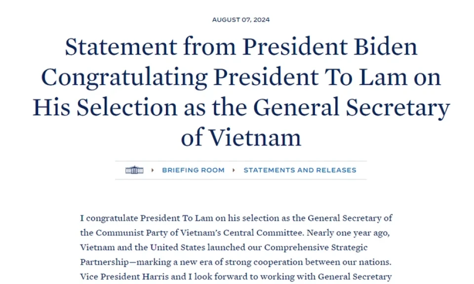 US President Joe Biden congratulates General Secretary and President To Lam