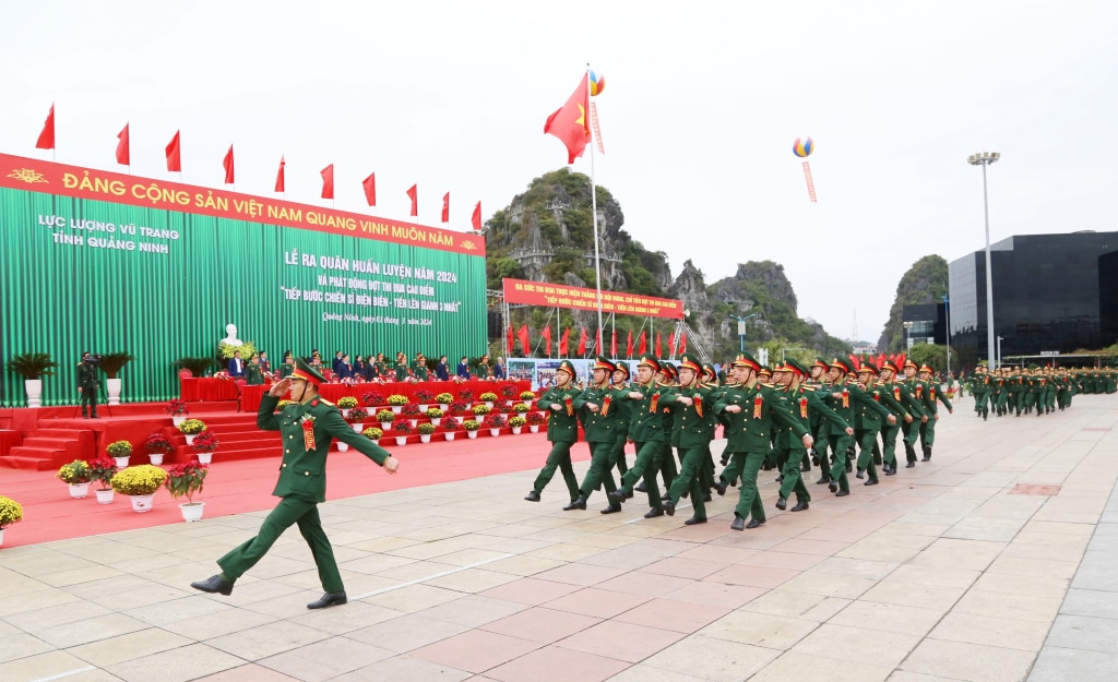 Màn biểu diễn võ thuật của lực lượng vũ trang tỉnh tại lễ ra quân huấn luyện.