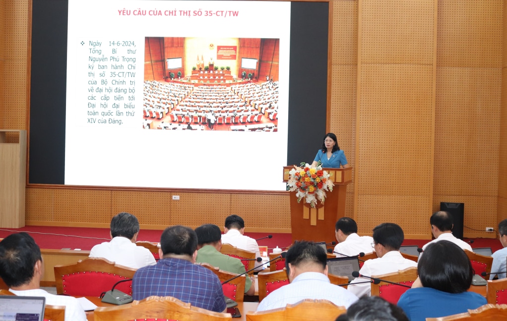 Đồng chí Đỗ Thị Ninh Hường, Ủy viên Ban Chấp hành Đảng bộ tỉnh, Bí thư Huyện ủy đã quán triệt nội dung Chỉ thị số 35  của Bộ Chính trị.