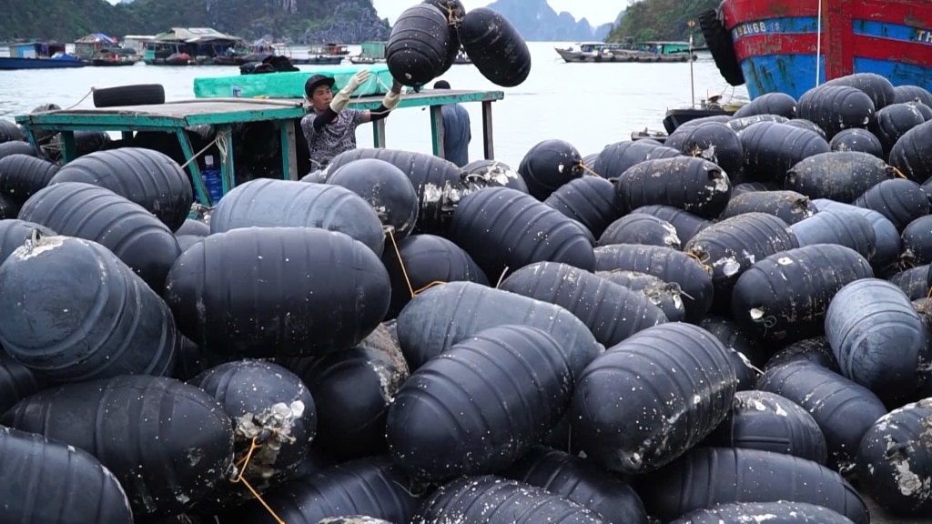 Trên cảng Cái Rồng (huyện Vân Đồn) bà con ngư dân khẩn trương vận chuyển phao nổi để tái sản xuất.