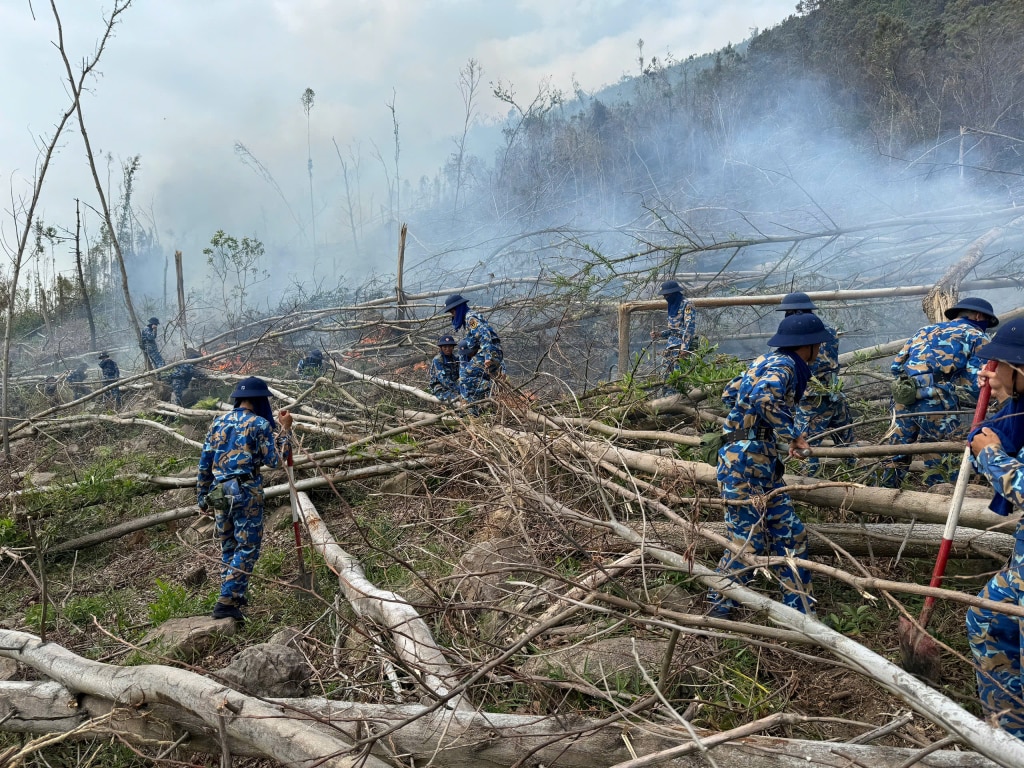 Oficiales y soldados de la Brigada 147 participaron en la lucha contra un incendio forestal en el barrio de Dai Yen, ciudad de Ha Long.