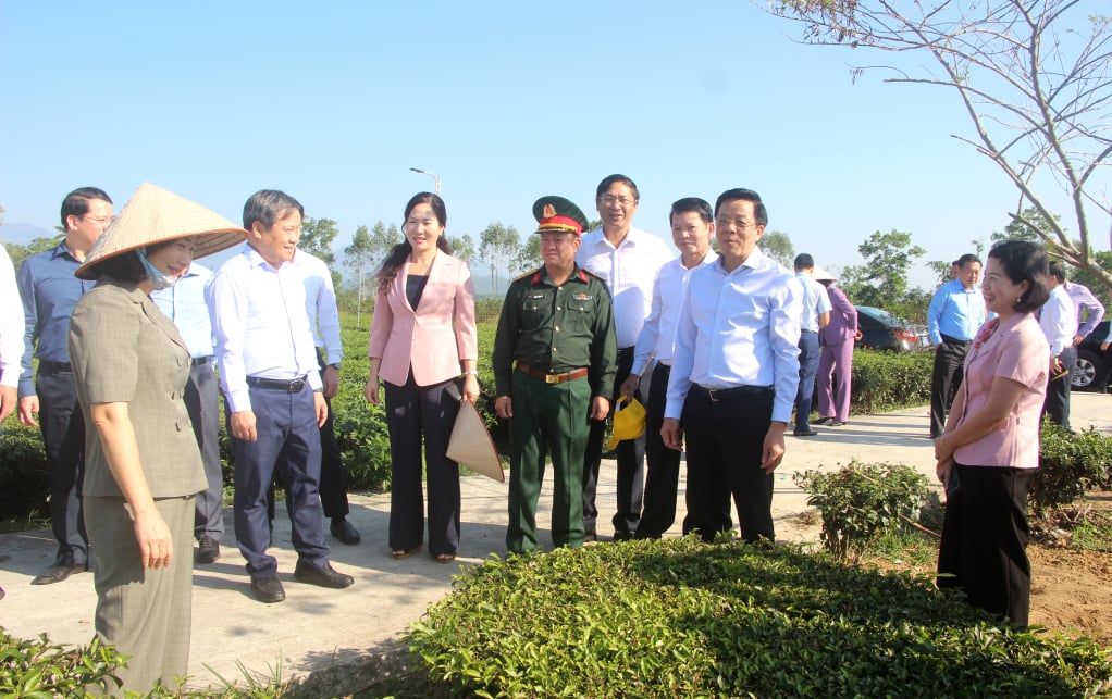 Đồng chí Vũ Đại Thắng, Ủy viên Trung ương Đảng, Bí thư Tỉnh ủy, thăm mô hình trồng chè tại xã Quảng Long. 