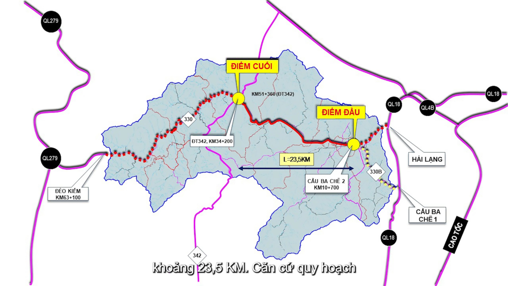 Hướng tuyến đề xuất dự án cải tạo, nâng cấp đường tỉnh 330, đoạn từ thị trấn Ba Chẽ đến đường tỉnh 342