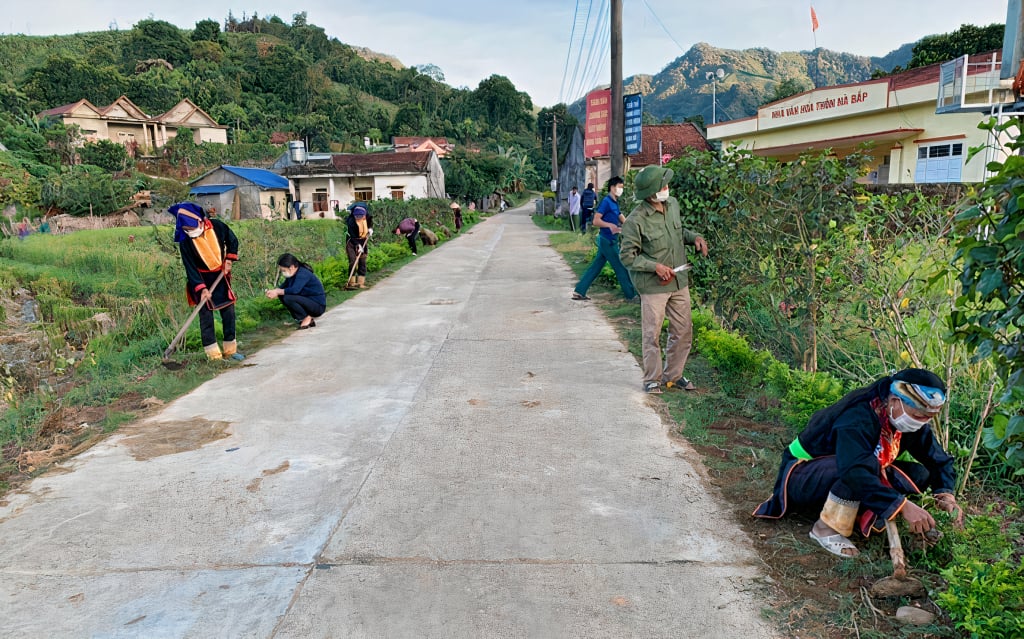 Người dân trên địa bàn thôn Nà Bắp (xã Đồn Đạc, huyện Ba Chẽ) chăm sóc tuyến đường hoa NTM.