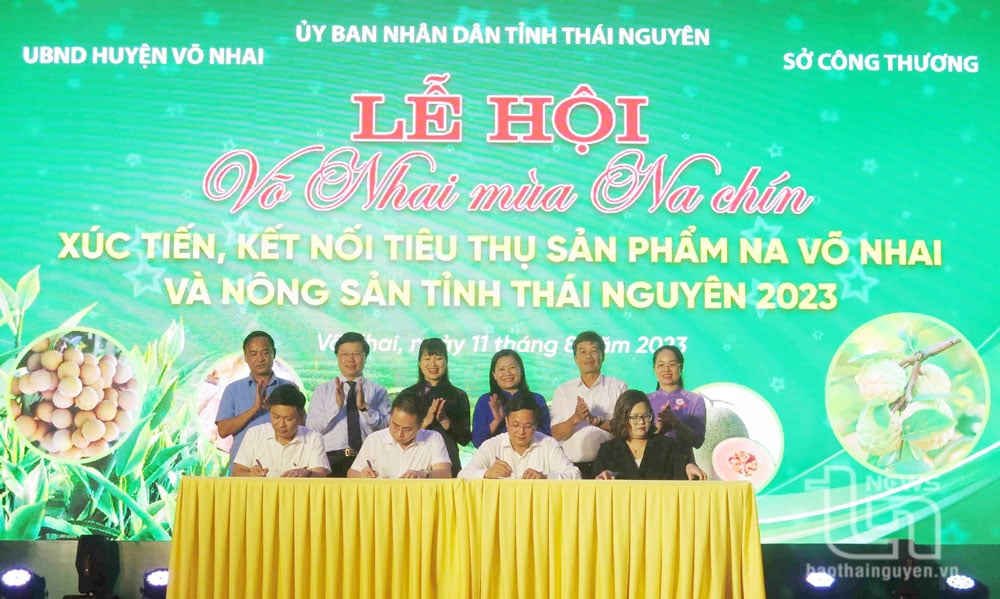 Lãnh đạo huyện Võ Nhai, Trung tâm Xúc tiến thương mại và các đơn vị ký kết hợp tác cung ứng, tiêu thụ sản phẩm na.