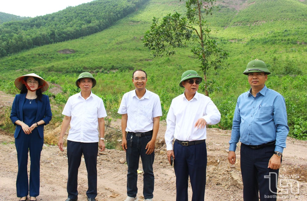 Đoàn khảo sát thực tế tại trang trại chăn nuôi lợn của Công ty CP Chăn nuôi Công nghệ cao Thái Nguyên ở xóm Cao Phong, xã Hợp Tiến.