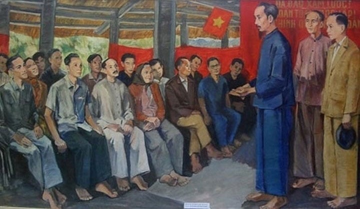 Tranh vẽ Chủ tịch Hồ Chí Minh chủ trì Đại hội Quốc dân tại đình Tân Trào (Tuyên Quang). Ảnh tư liệu