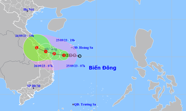 Vị trí và hướng di chuyển của áp thấp nhiệt đới lúc 7h sáng 25/9 - Ảnh: NCHMF