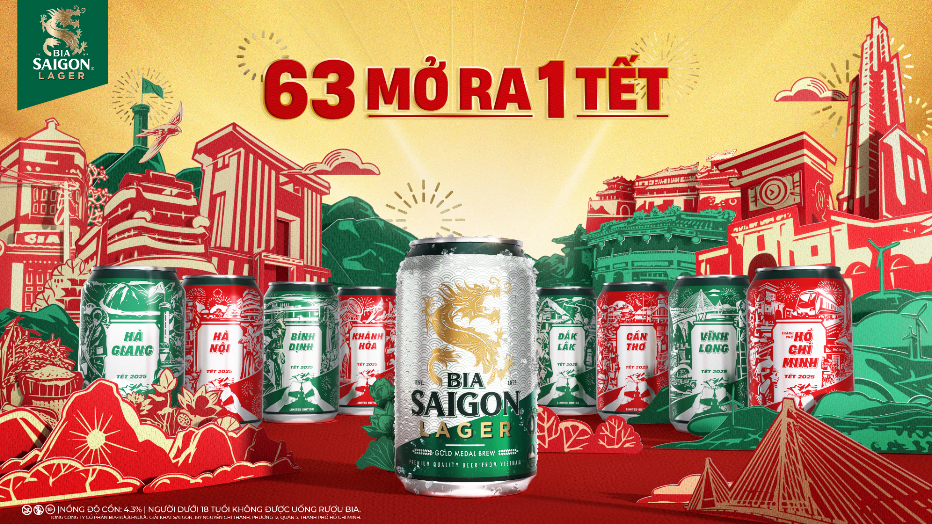 Nét đặc trưng của 63 tỉnh thành Việt Nam được Bia Saigon Lager thiết kế tỉ mỉ trong phiên bản giới hạn mùa Tết 2025