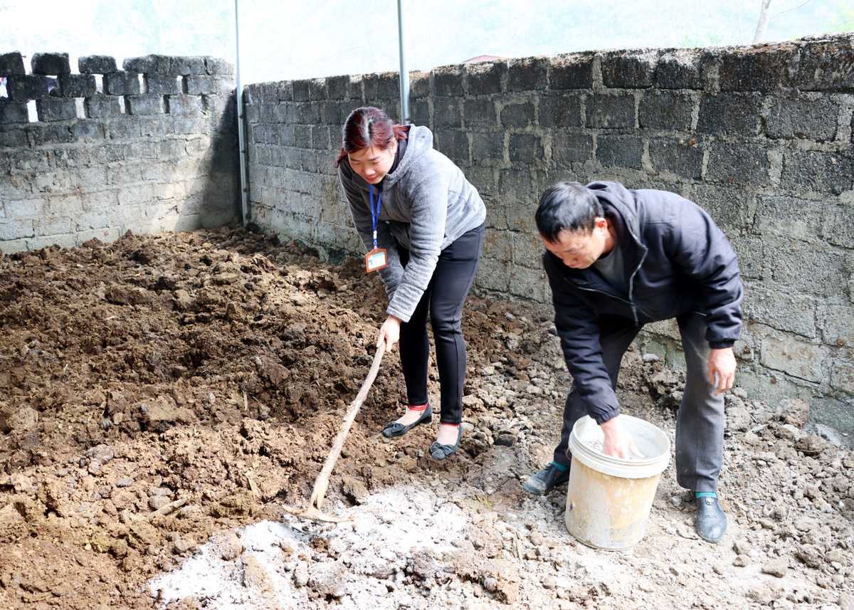 Anh Ly Mí Lử, thôn Pả Vi Hạ được cán bộ xã hướng dẫn kỹ thuật xử lý phân gia súc trong chăn nuôi.