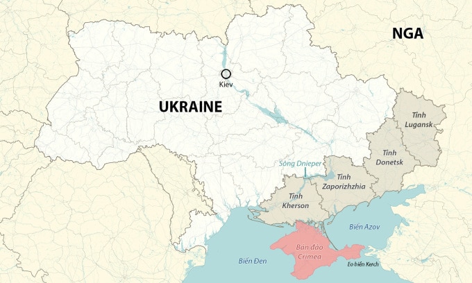 4 tỉnh Ukraine mà Nga sáp nhập và khu vực eo biển Kerch, biển Azov. Đồ họa:YRV