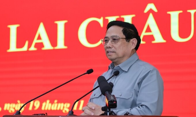 Thủ tướng Phạm Minh Chính phát biểu tại cuộc làm với với Ban Thường vụ Tỉnh ủy Lai Châu. Ảnh: Nhật Bắc