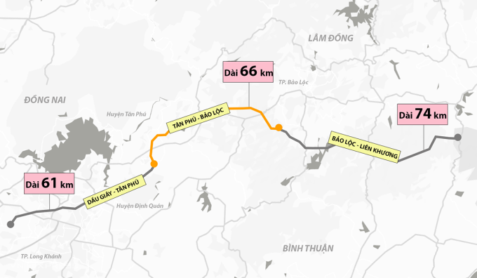 Hướng tuyến cao tốc Dầu Giây - Tân Phú kết nối với hai đoạn khác là Tân Phú - Bảo Lộc và Bảo Lộc - Liên Khương liên thông từ Đồng Nai lên Lâm Đồng. Đồ hoạ: Trần Nam