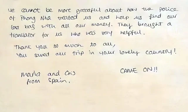 Quảng Bình: Du khách Tây Ban Nha viết thư cảm ơn Công an thị trấn Phong Nha ảnh 1