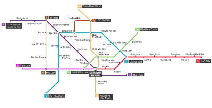 Hướng tuyến 8 tuyến metro đã được quy hoạch tại TP HCM. Đồ hoạ: Xuân Việt