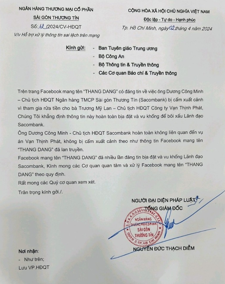 Tài chính - Ngân hàng - Sacombank bác bỏ thông tin bịa đặt liên quan Chủ tịch Dương Công Minh