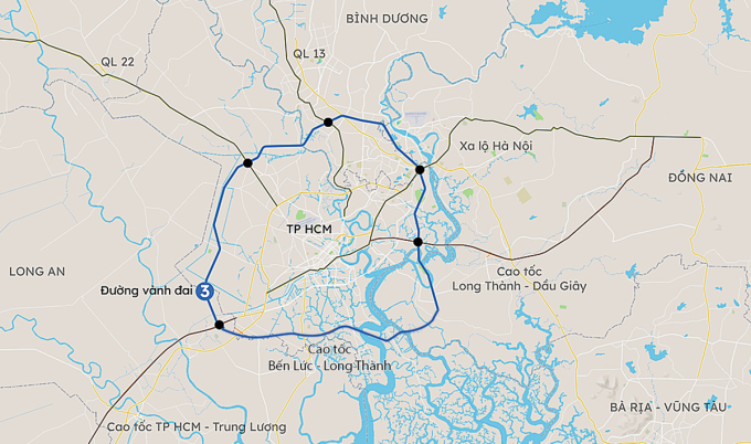 Hướng tuyến Vành đai 3 TP HCM. Đồ họa: Khánh Hoàng