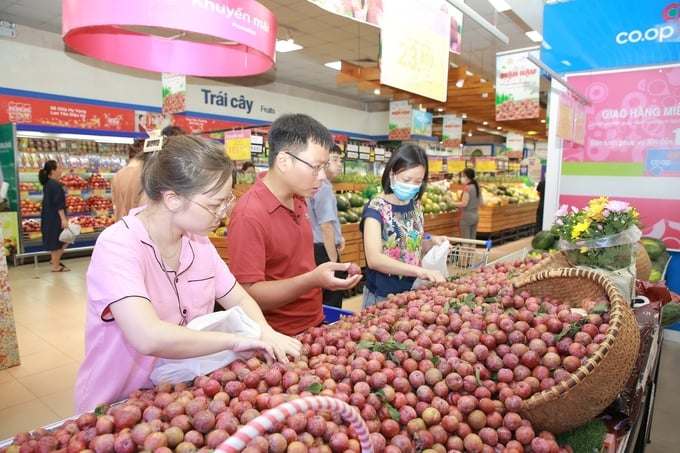 Khách hàng chọn mua mận hậu Sơn La trong siêu thị Co.opmart.