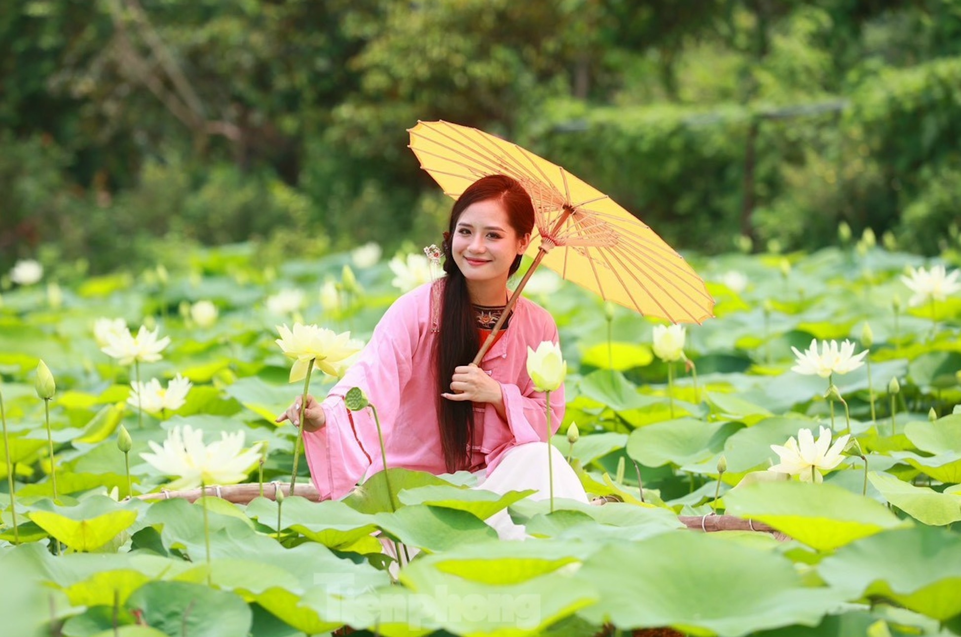 Молодые люди в аодай фотографируются рядом с цветами белого лотоса -  Vietnam.vn