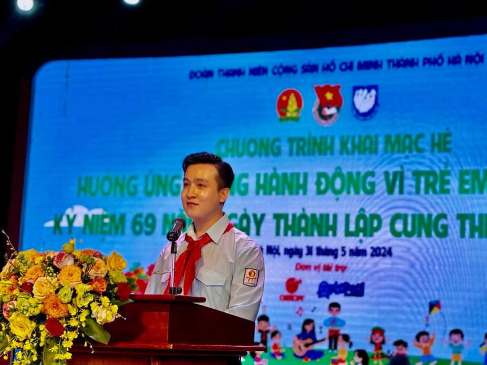 Phó Bí thư Thành đoàn, Chủ tịch Hội đồng Đội TP Hà Nội Đào Đức Việt phát biểu khai mạc Hè 2024