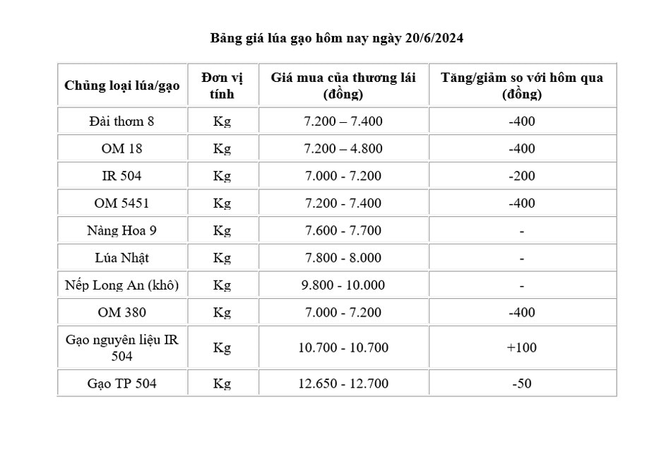 Giá lúa gạo hôm nay 20/6/2024: Giá lúa giảm mạnh từ 200-400 đồng/kg