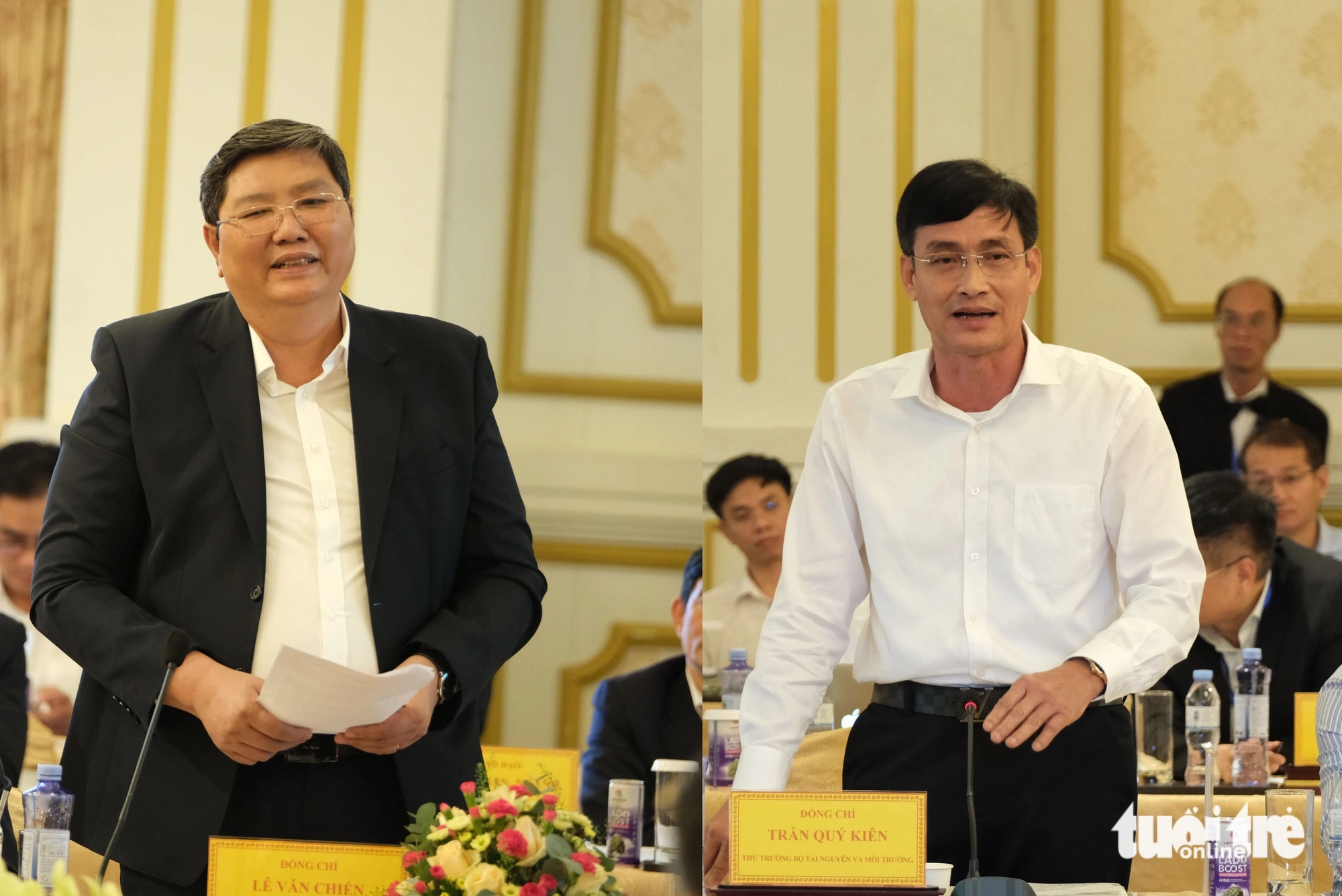 Ông Lê Văn Chiến (trái), phó chủ tịch UBND tỉnh Đắk Nông, trao đổi với Thứ trưởng Bộ Tài nguyên và Môi trường Trần Quý Kiên về vướng mắc liên quan đến Quyết định 866 - Ảnh: M.V.