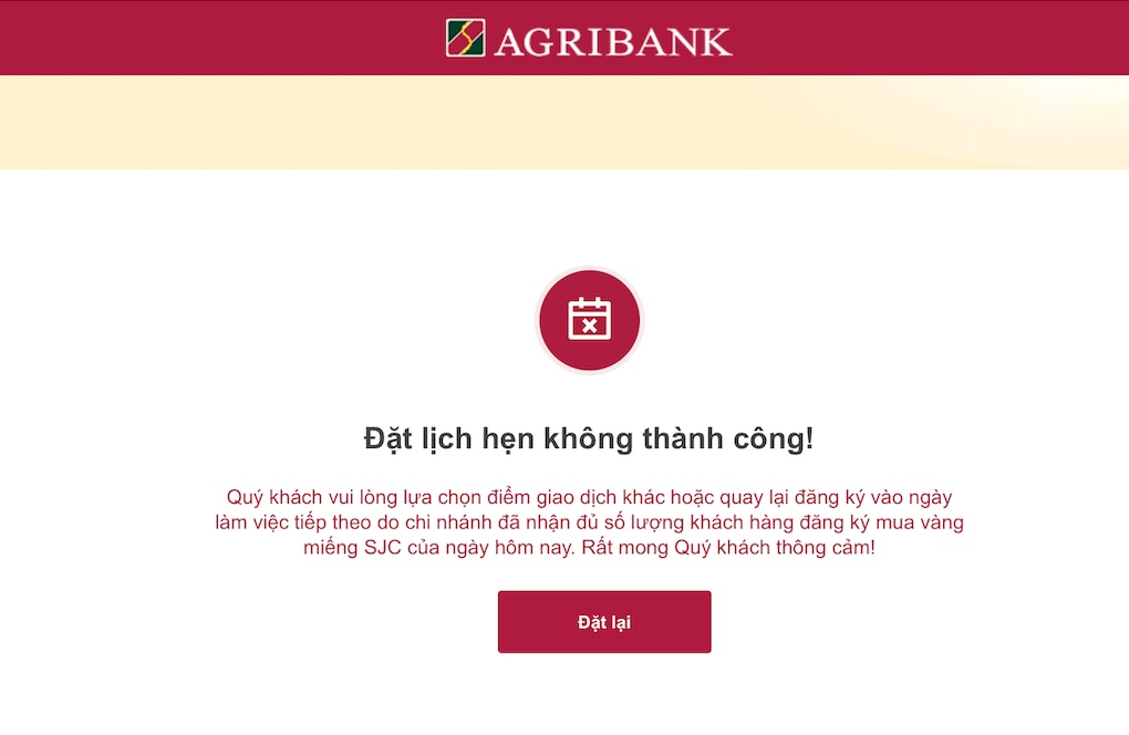 Bà Oanh đăng nhập vào Website của Agribank lúc 10 giờ nhưng nhận được thông báo lịch đăng ký đã đầy. 