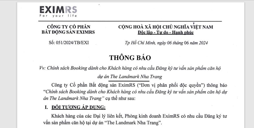 Thông báo của EXIMRS đơn vị phân phối độc quyền The Landmark Nha Trang. Ảnh chụp màn hình.