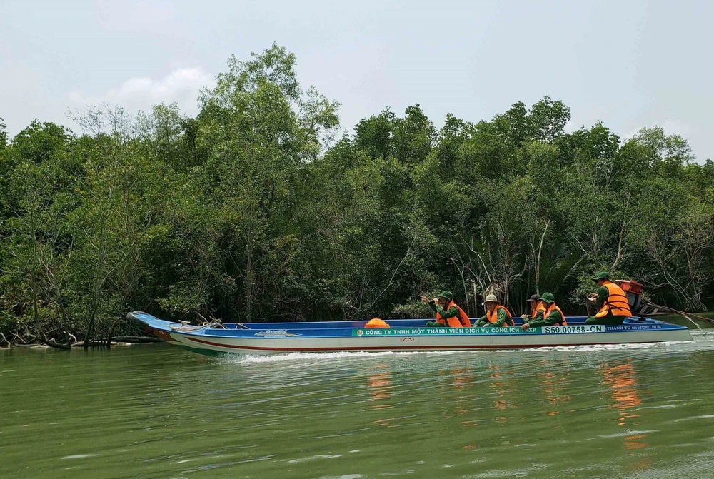 Lực lượng Thanh niên Xung phong Thành phố Hồ Chí Minh tuần tra bảo vệ rừng ngập mặn Cần Giờ. (Ảnh: Xuân Dự/TTXVN)